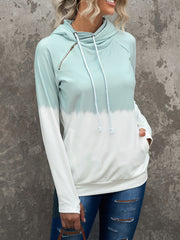Two Tone Zipper Hooded Sweatshirt Block Pullover Top Women's Activewear