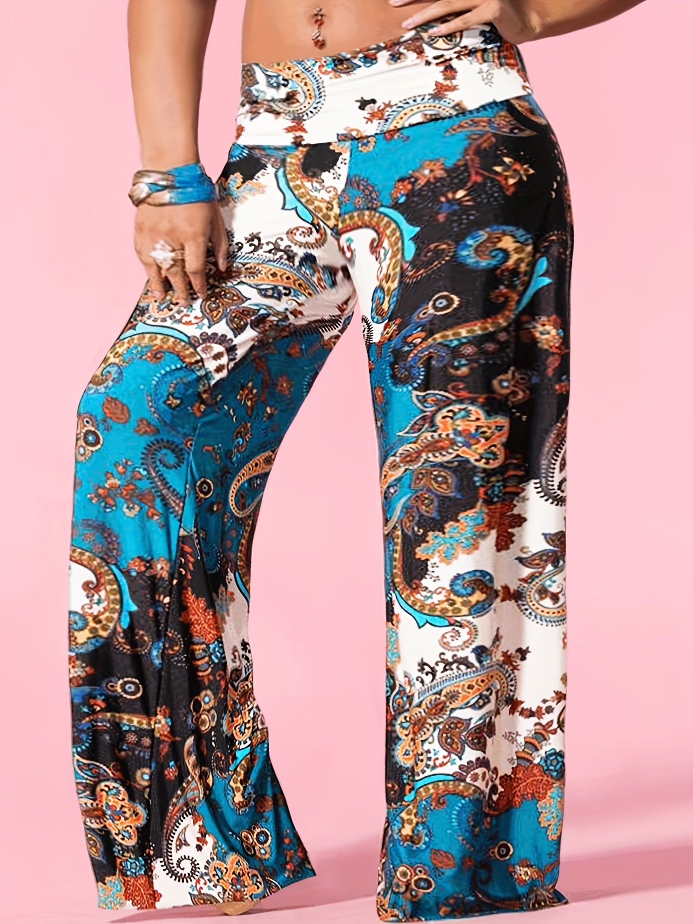 Floral Paisley Print Wide Leg Yoga Pants Plus Size