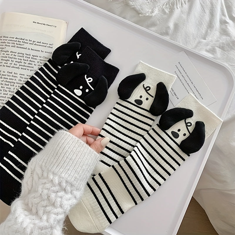 Cartoon Dog Striped Socks Women's Stockings Comfy & Mid Tube Socks