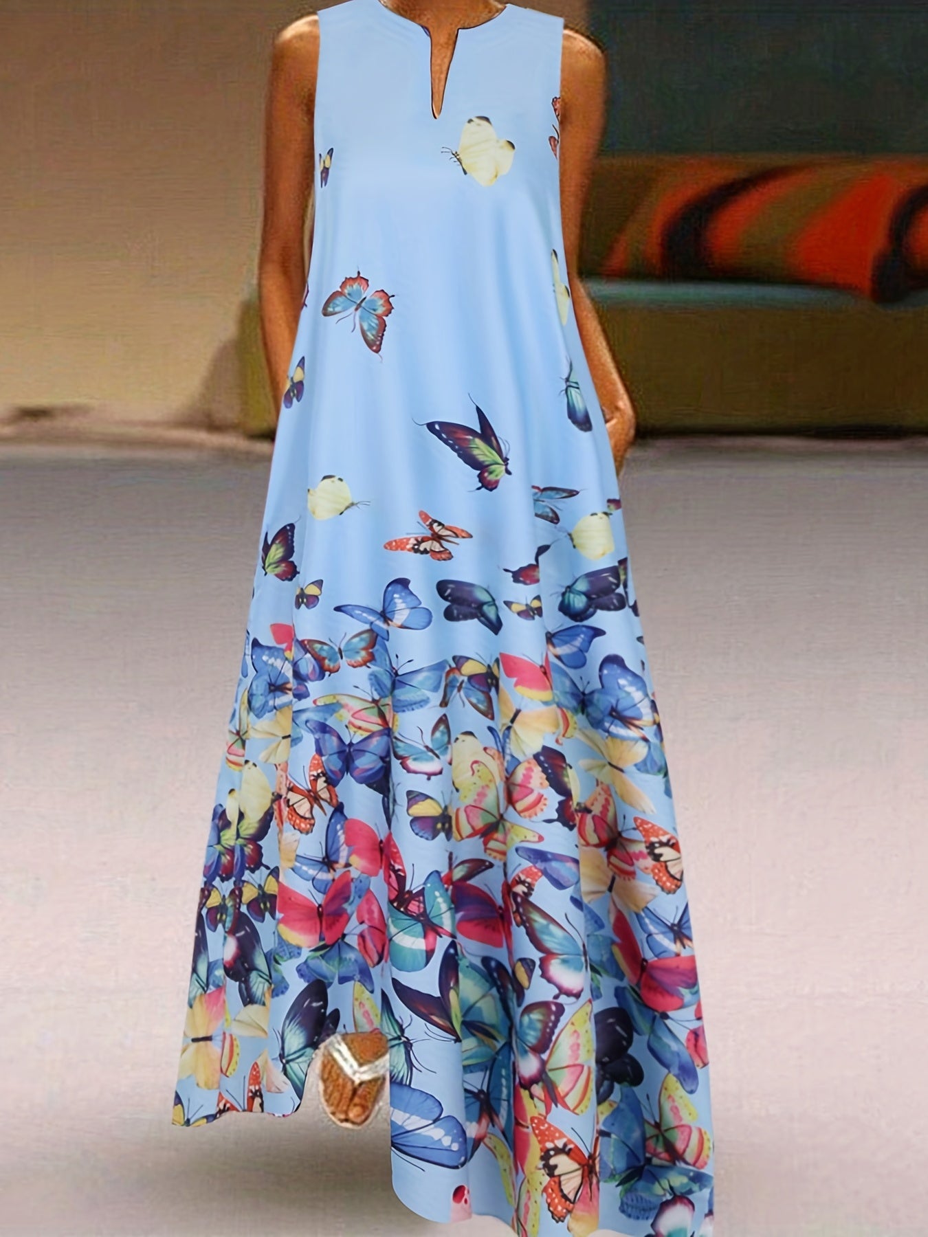  Butterfly Print Maxi Dress with Pockets