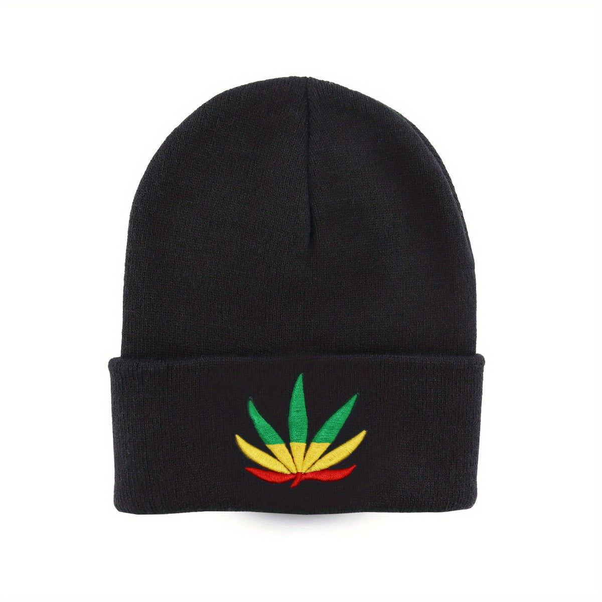 Leaf Embroidery Beanie Unisex Solid Knit Hat Warm Skull Cap