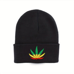 Leaf Embroidery Beanie Unisex Solid Knit Hat Warm Skull Cap