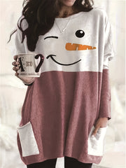Women's Plus Snowman Print Long Sleeve Tunic Top With Pockets