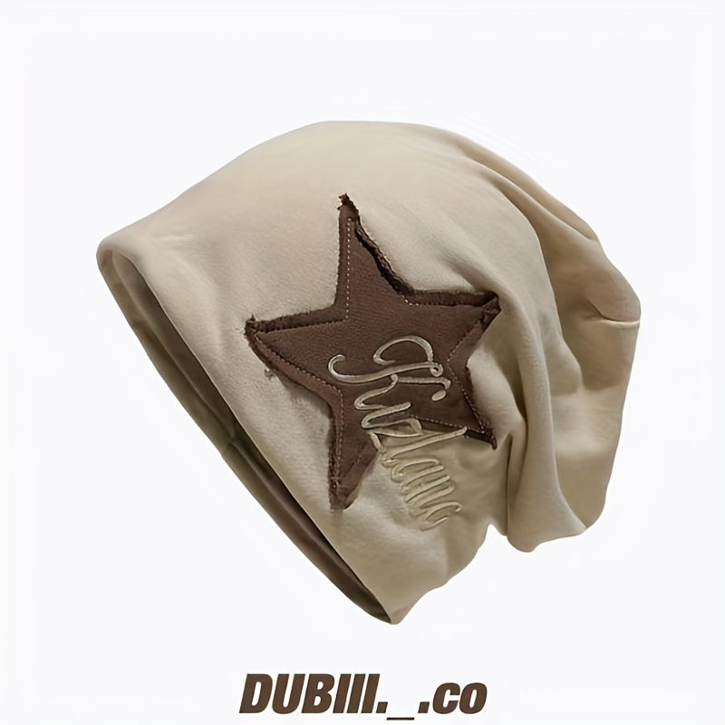 Vintage Star Patch Y2K Beanie Letter Embroidery Solid Skull Cap