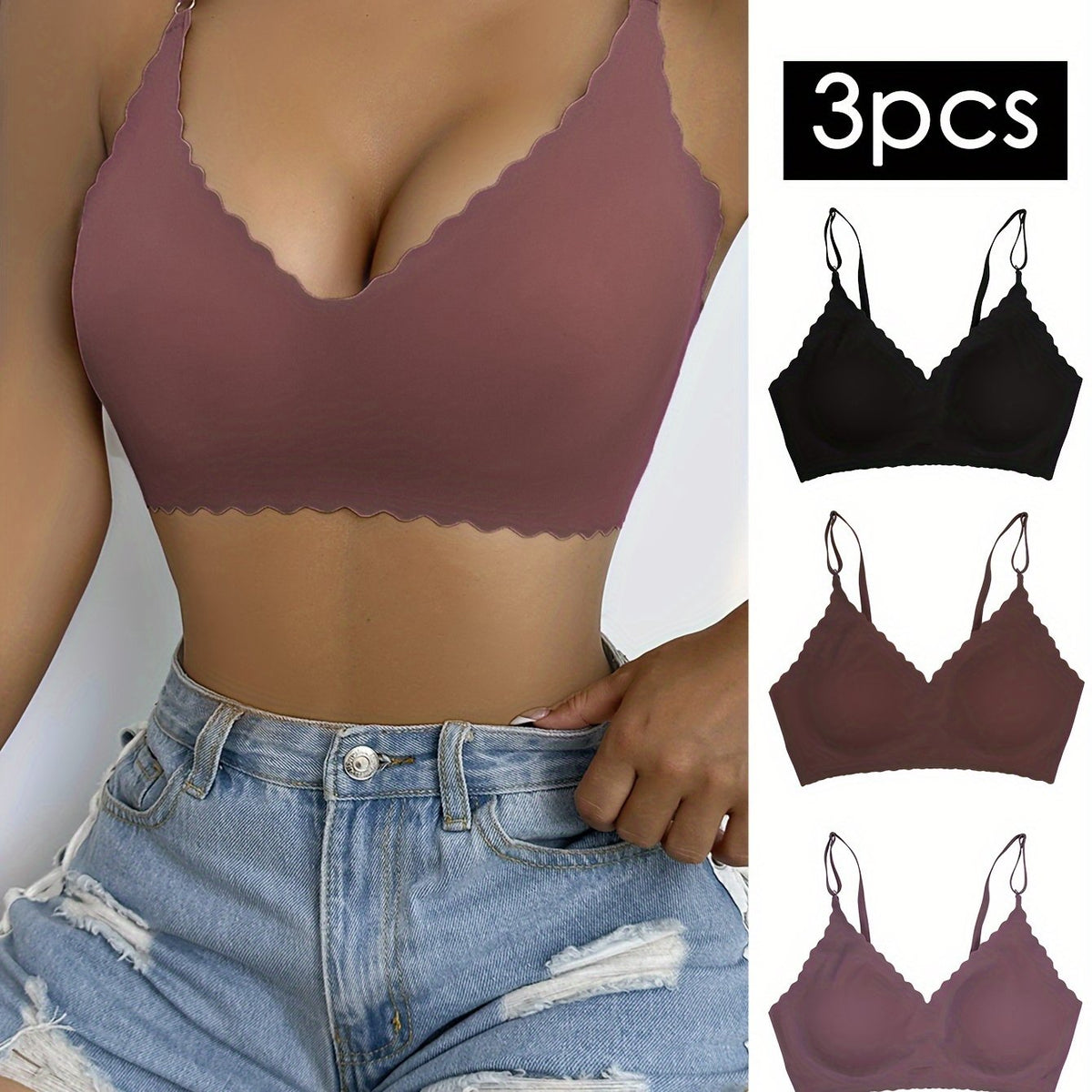 3pcs Wavy Trim Seamless Bralettes Wireless Intimates Bras