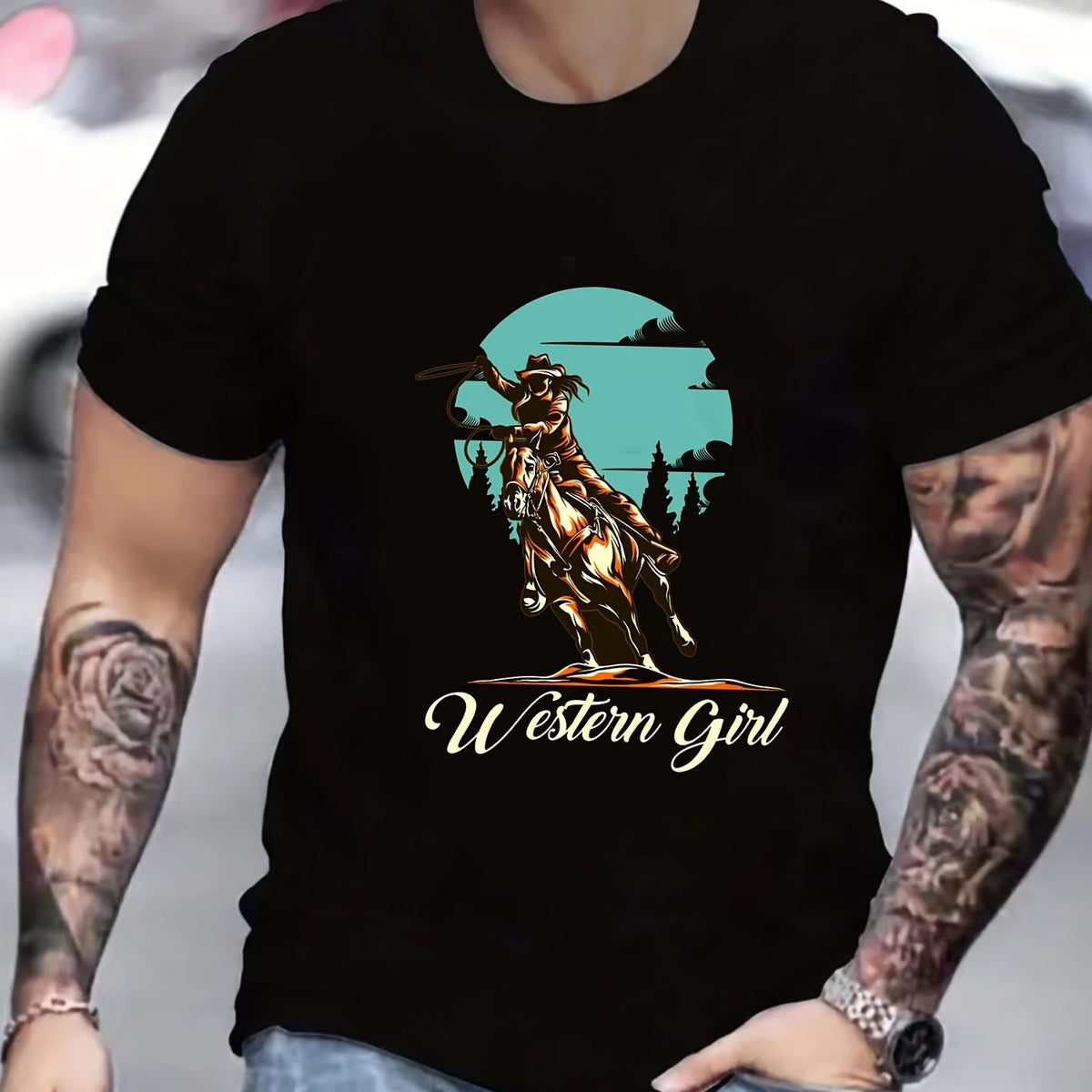 Old West Cow Girl Print Men's Graphic T-shirt for Summer