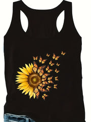  Butterfly & Sunflower Print Round Neck Tank Top