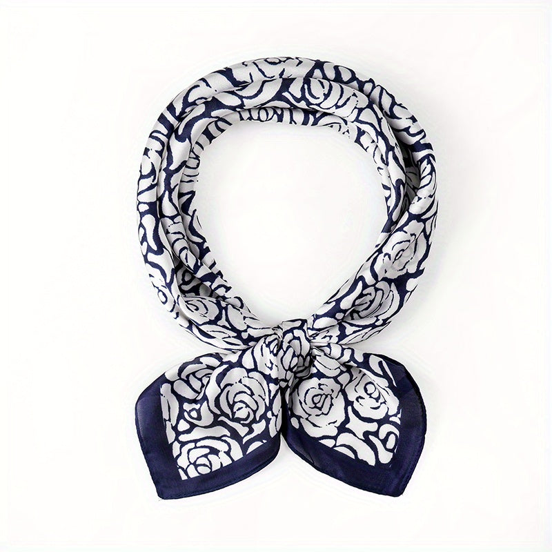 Rose Print Bandana Square Scarf Satin Neckerchief Hair Accessories