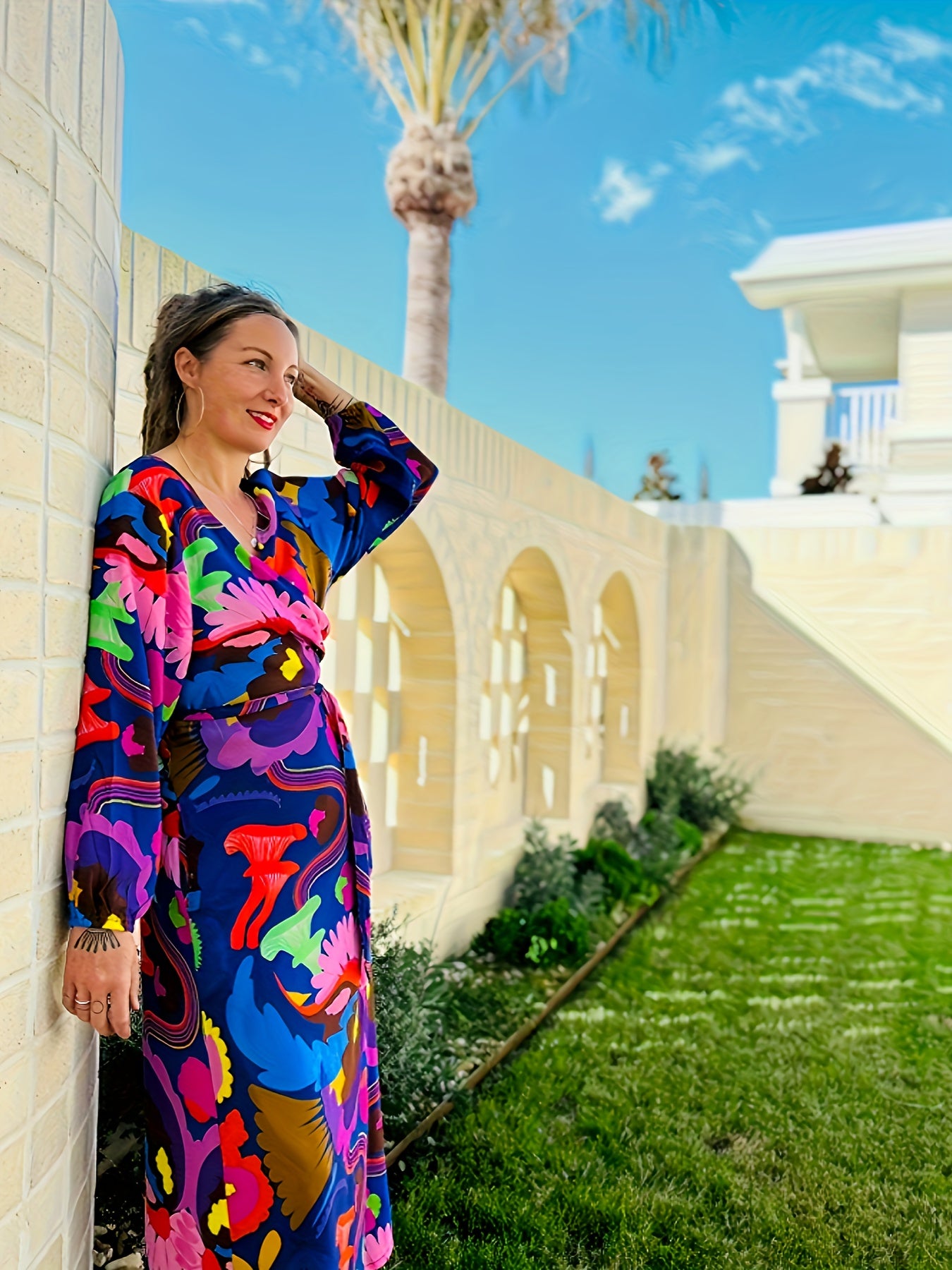  Graphic Print Long Sleeve Belted Dress