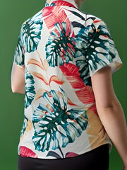  Tropical Print Button Up Short Sleeve Blouse