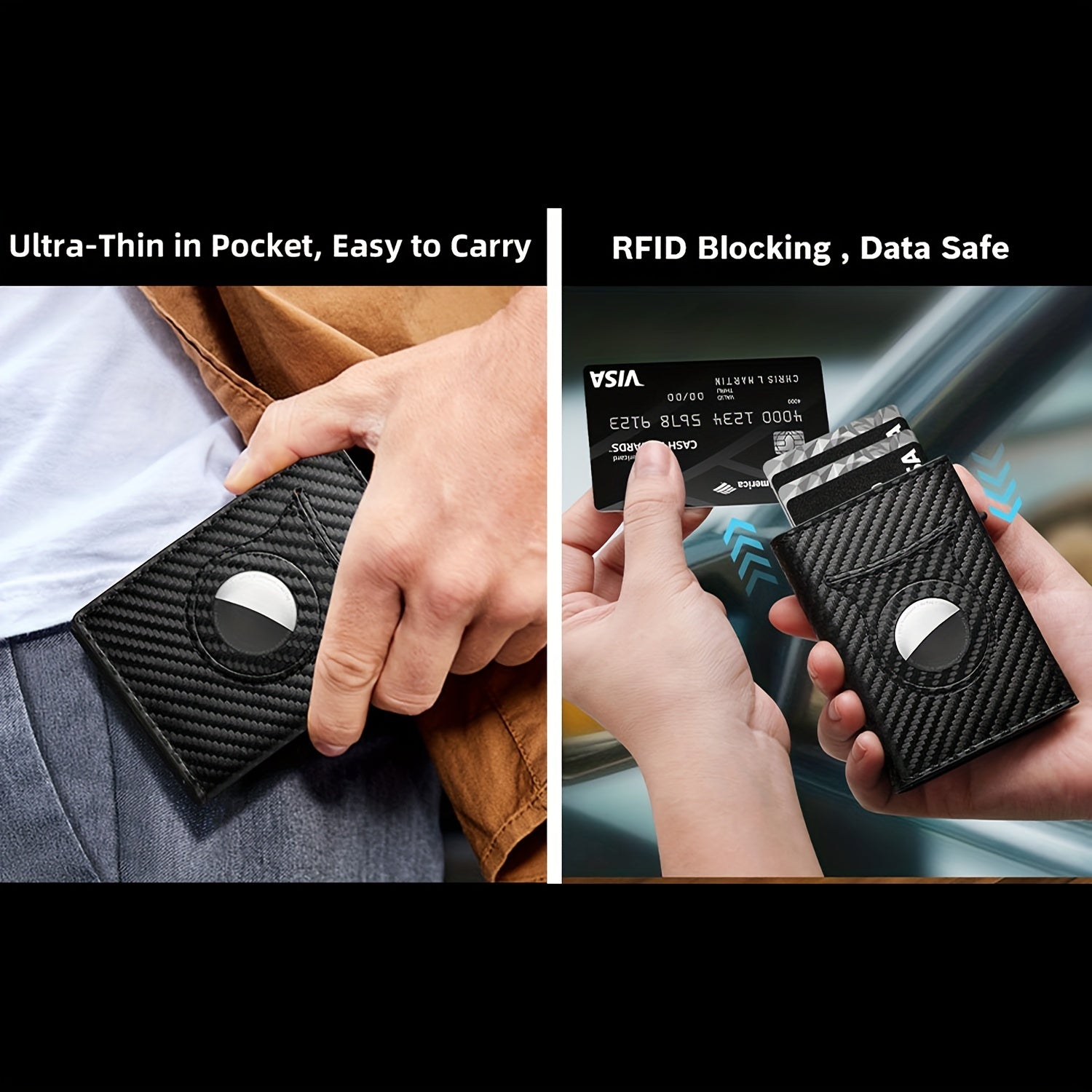 Men's Carbon Fiber Magnetic Card Holder Airtag Leather RFID Zipper Coin Purse