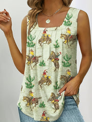  Western Tank Top Women's Cowboy Print Pleated Tank