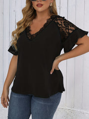  Solid Lace Ruffle Trim Bell Sleeve V Neck Top