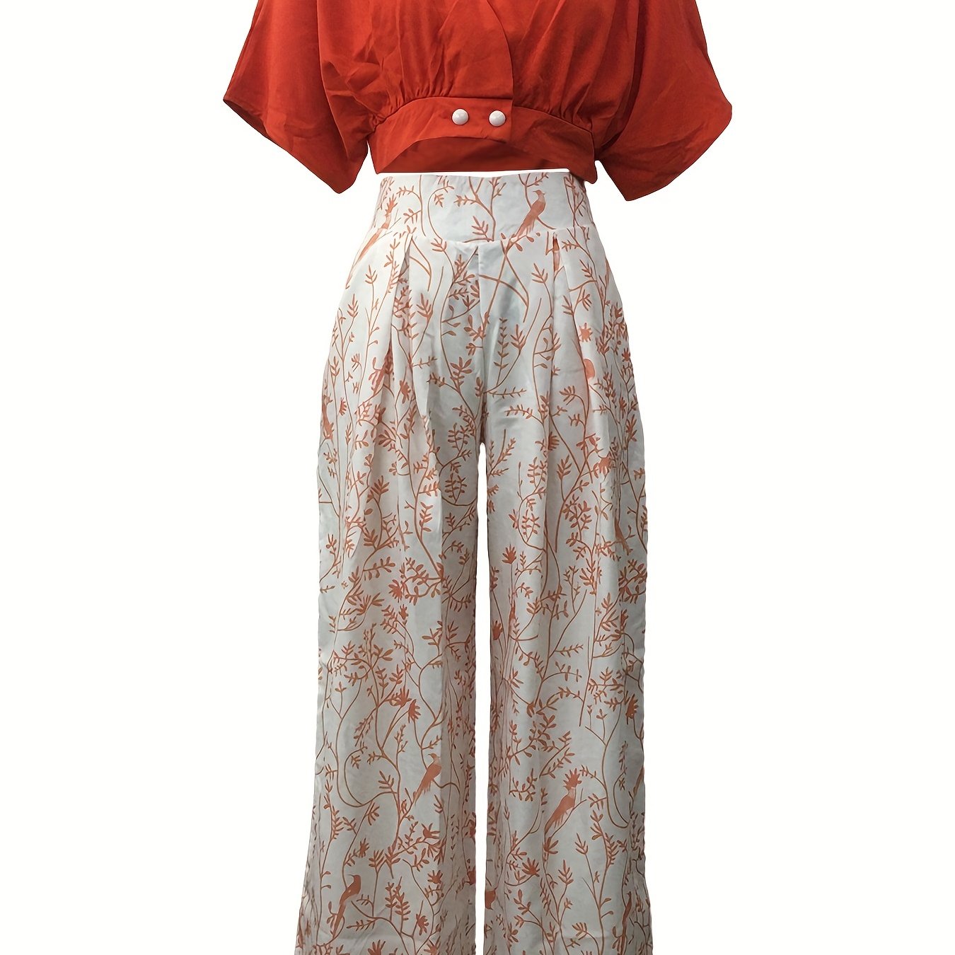 Casual Two Piece Pants Set Button Front Crop Top & Floral Print Wide Leg Pants