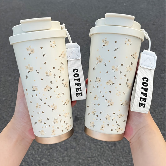 530ml Insulated Steel Coffee Cup Floral Rope Handle Hot & Cold Drinks