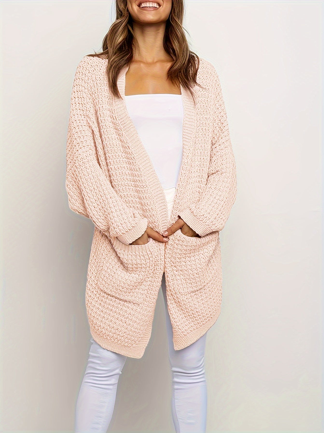  Solid Bat Sleeve Cardigan With Pockets