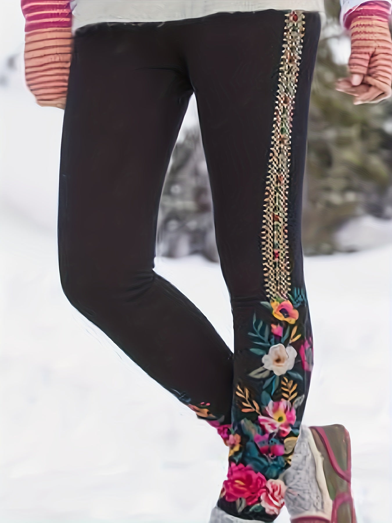  Retro Leggings Women's Plus Floral & Geometric Print Elastic High Rise