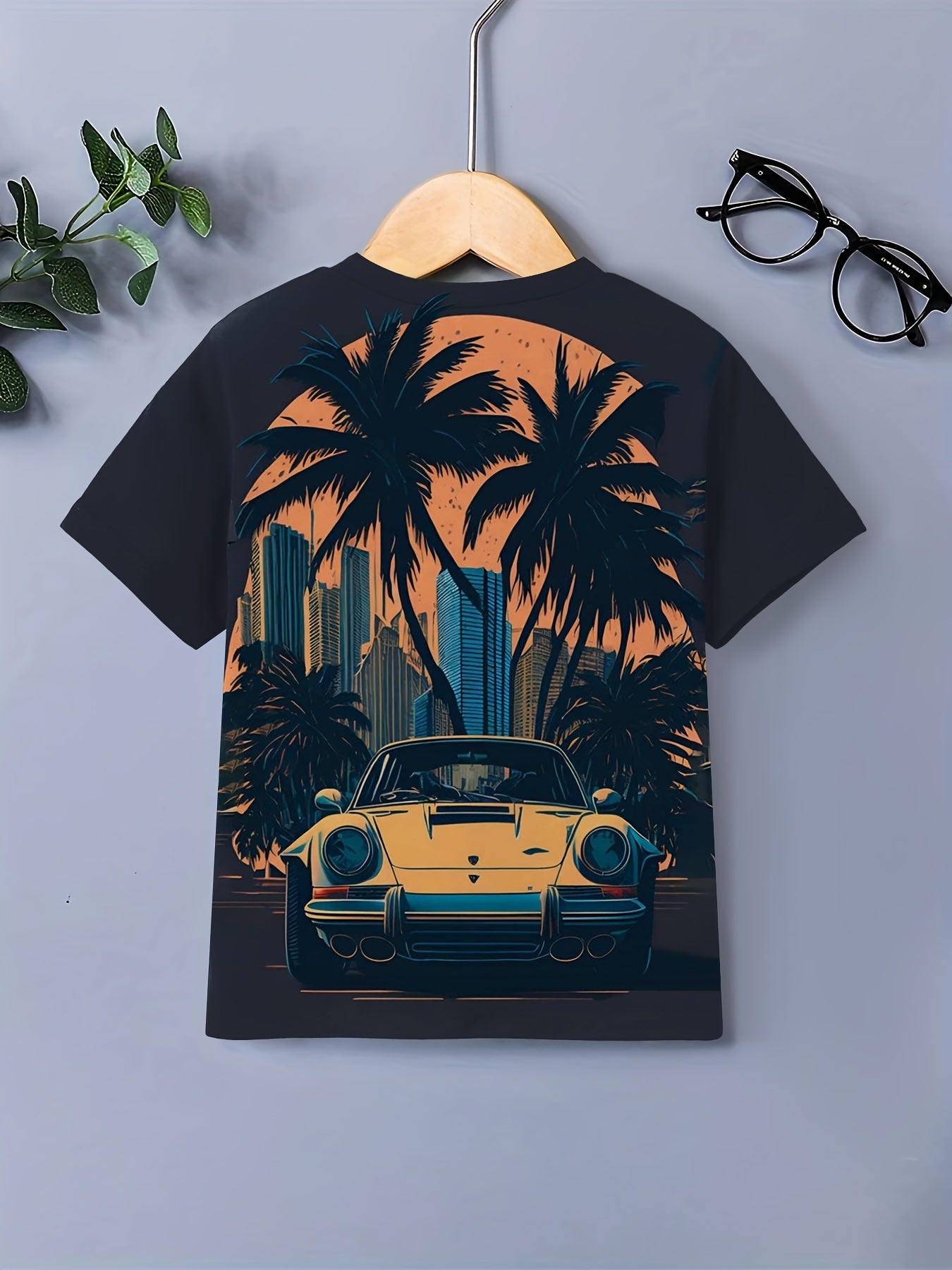 Vintage Car Print Boy's Round Neck Casual Short Sleeve T shirt
