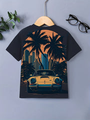 Vintage Car Print Boy's Round Neck Casual Short Sleeve T shirt