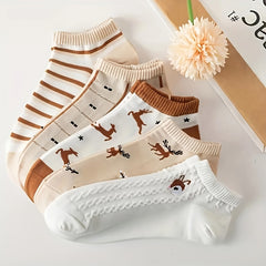 5 Pairs Harajuku Cartoon Deer Ankle Socks Women's Stockings & Hosiery