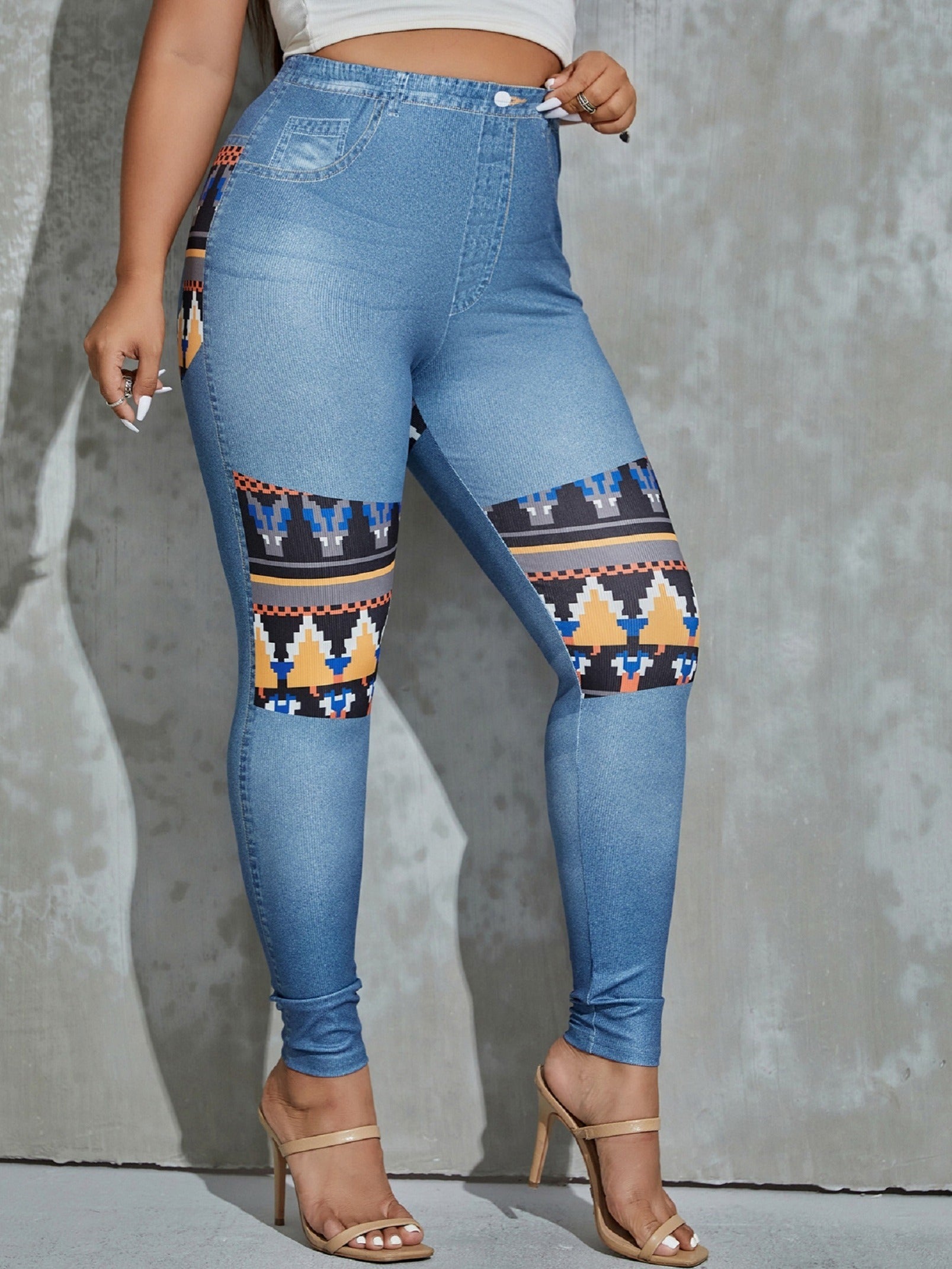  High Stretch Geometric Print Leggings Elastic Waist