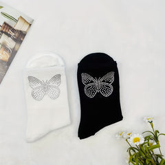 5 Pairs Butterfly Rhinestone Socks Comfy Mid Tube Socks