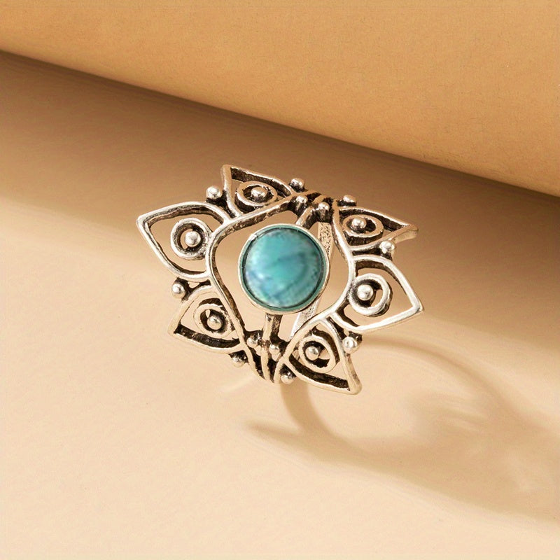 Geometric Turquoise Single Ring Vintage Carved Hollow Ring