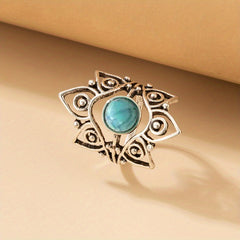 Geometric Turquoise Single Ring Vintage Carved Hollow Ring