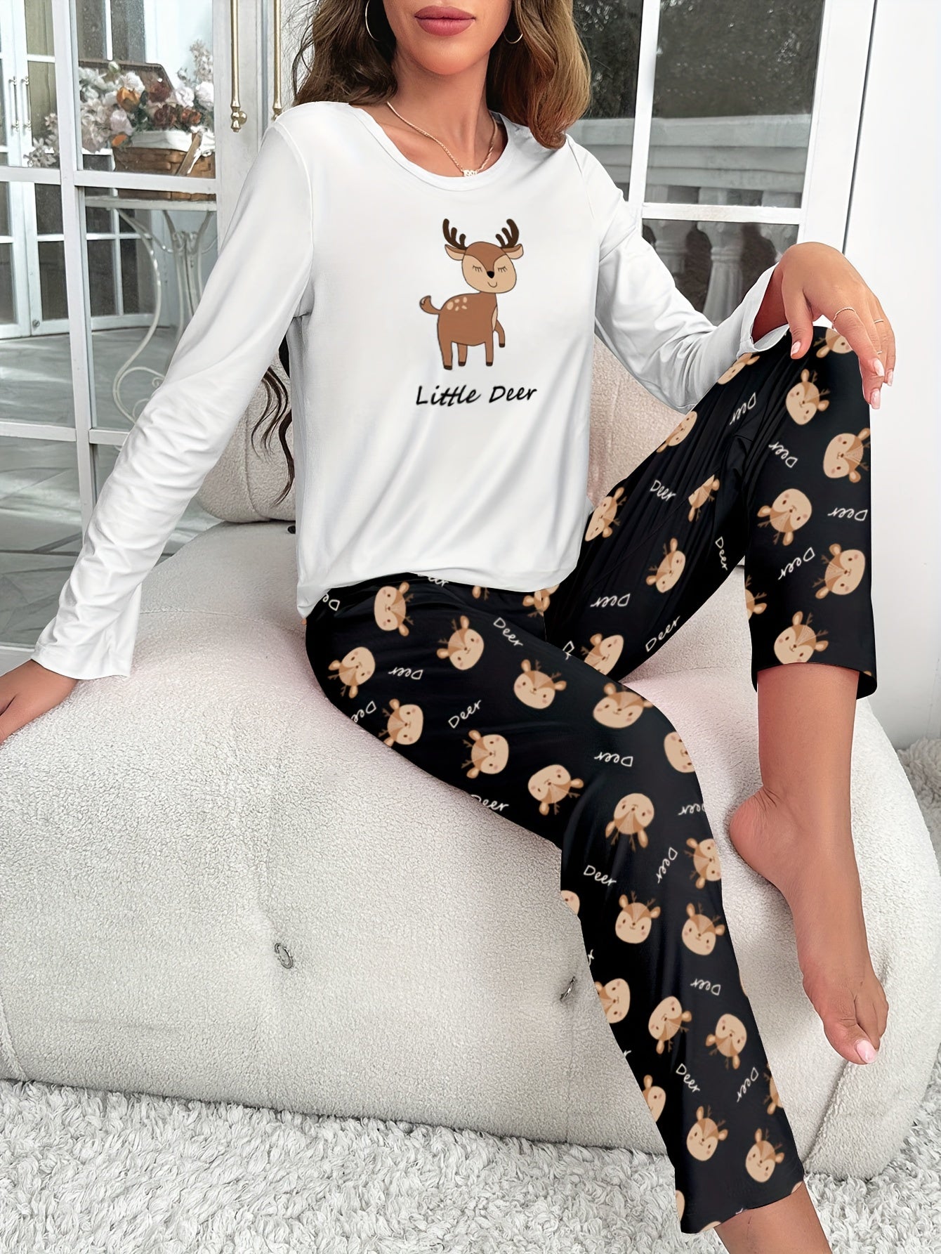 Deer Print Pajama Set Long Sleeve Top & Pants