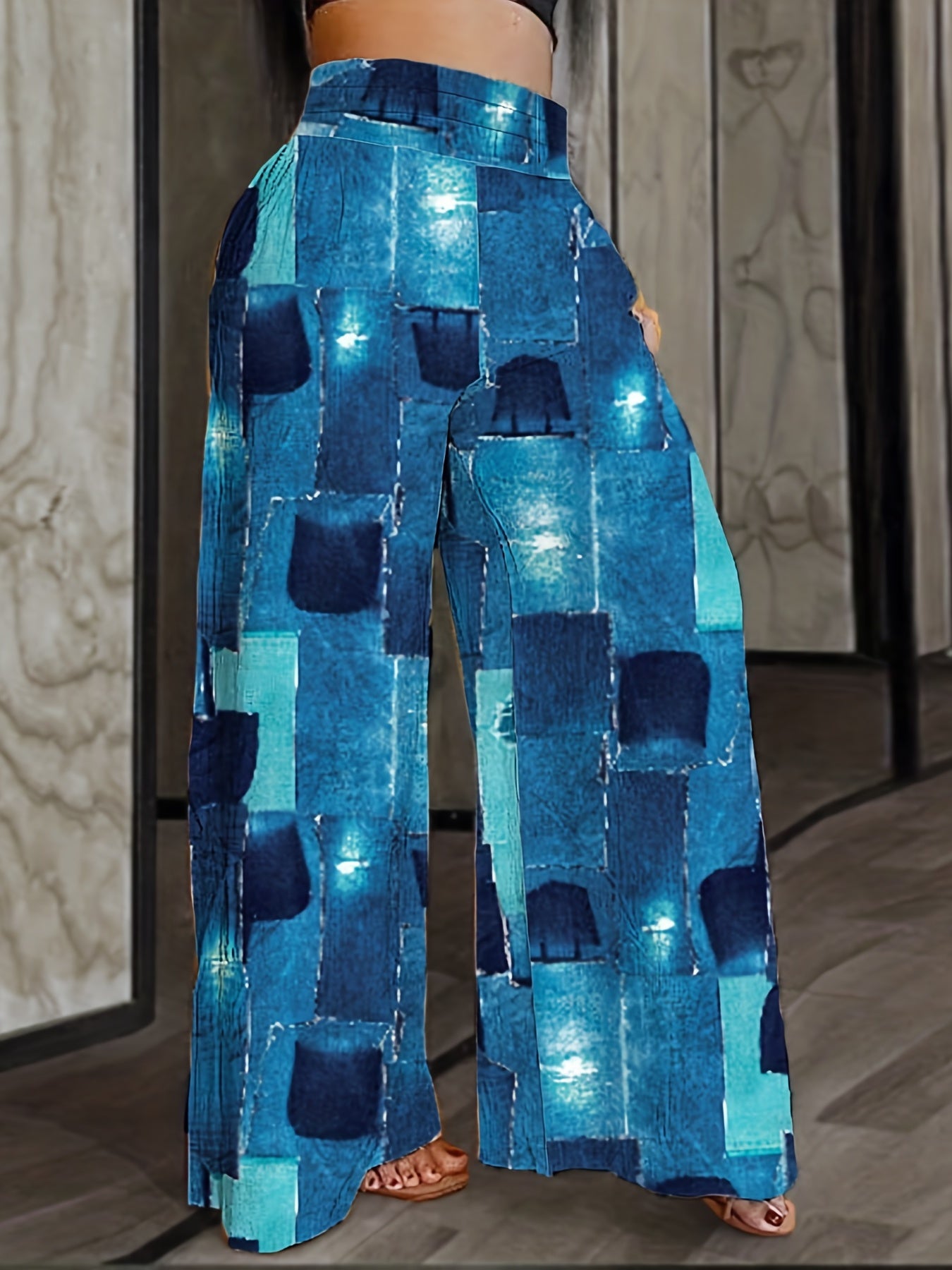 Plus Denim Print Wide Leg Pants Elastic High Rise