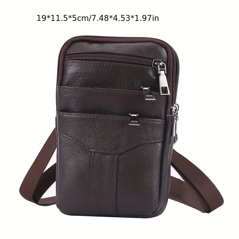 Men's Diagonal Mobile Phone Leather Waist Bag Double Zipper