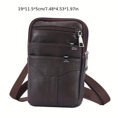 Men's Diagonal Mobile Phone Leather Waist Bag Double Zipper