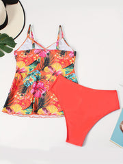  Boho Tankini Set Tropical Print V Neck Cami Top & Solid Panty Swimsuit