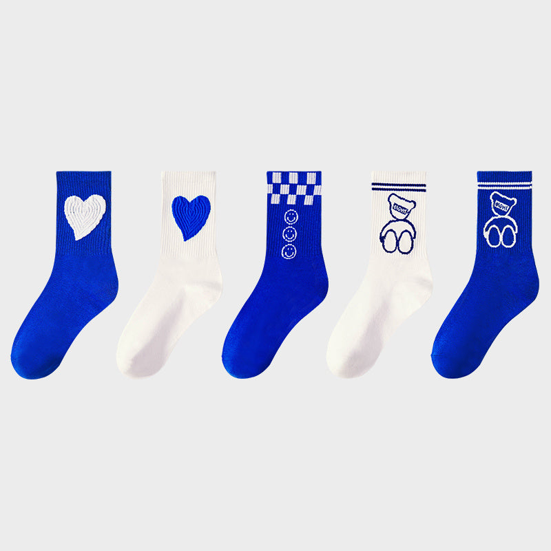 5 Pairs Love Bear Crew Socks Checkerboard Print Comfy Mid-tube Stockings