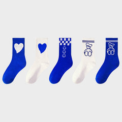 5 Pairs Love Bear Crew Socks Checkerboard Print Comfy Mid-tube Stockings
