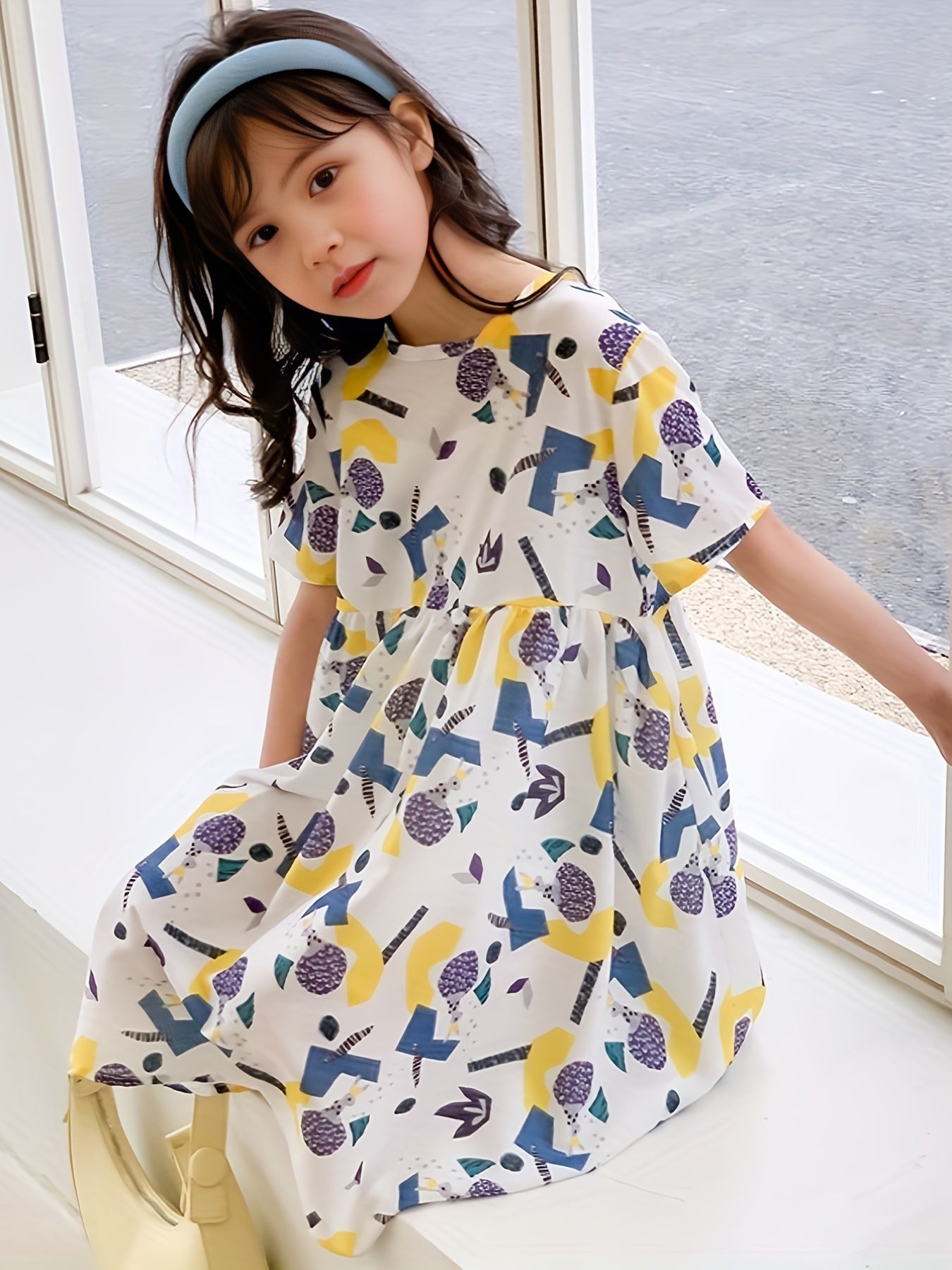 Girl's Geometry Pattern Dress Casual Loose Short Sleeve Crew Neck Summer Beach