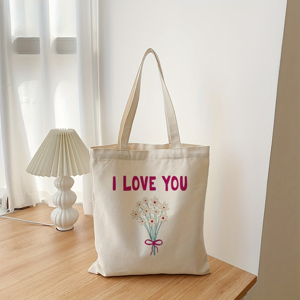 Pink Letter Flower Pattern Canvas Bag Lightweight Shopper Bag