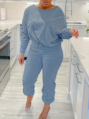  Solid Long Sleeve Top & Pants Outfit Set