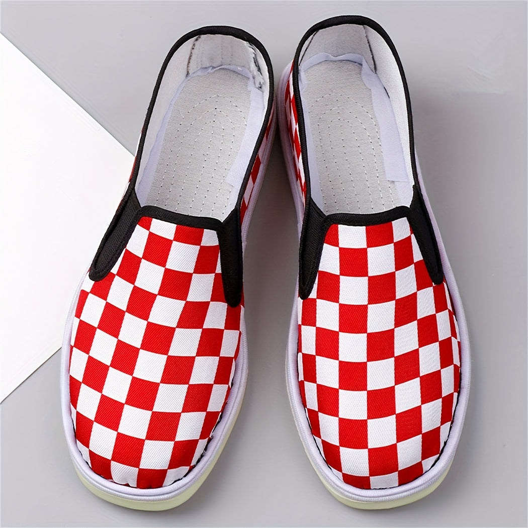 Women's Checkerboard Flat Canvas Shoes Slip On Loafers Casual Low Top Sneakers
