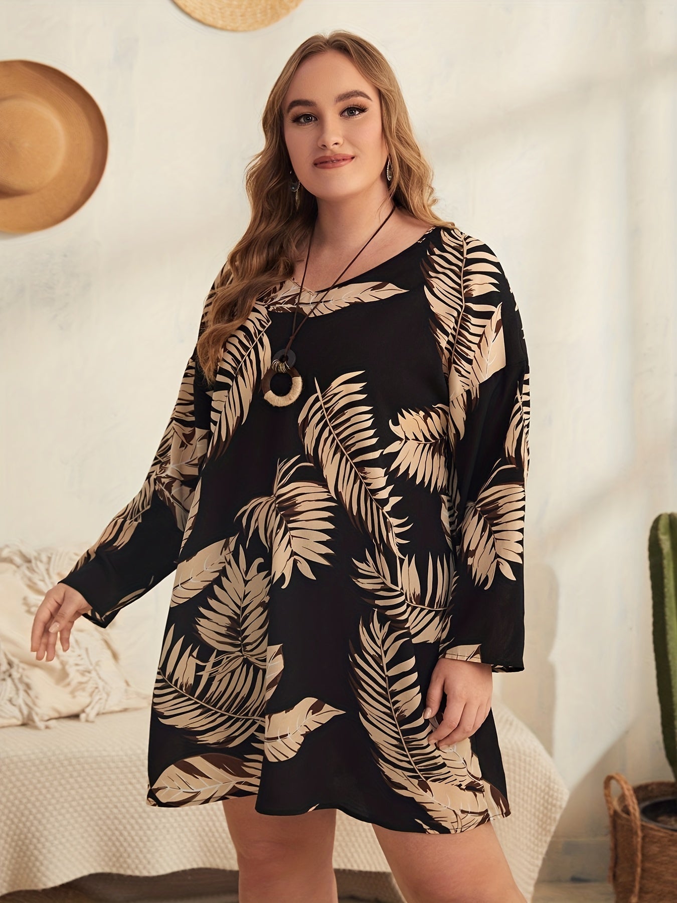  Tropical Print V-Neck Mini Dress Long Sleeve Loose Fit