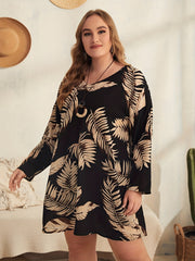  Tropical Print V-Neck Mini Dress Long Sleeve Loose Fit