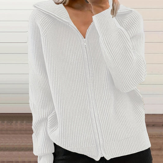  Solid Ribbed Long Sleeve Zipper Overcoat