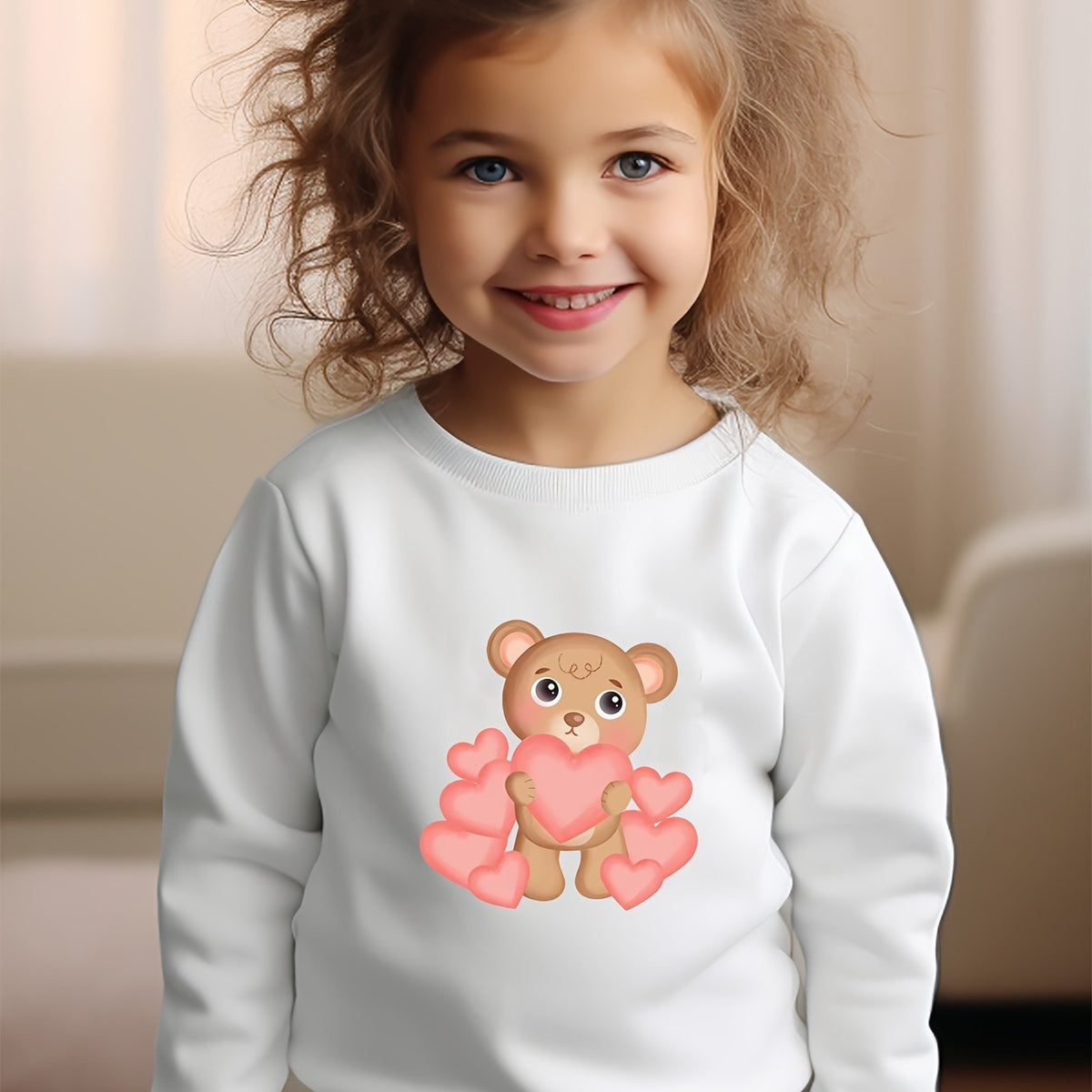 Girls Bear Pattern Crew Neck Sweatshirt For Spring Fall Christmas Gift