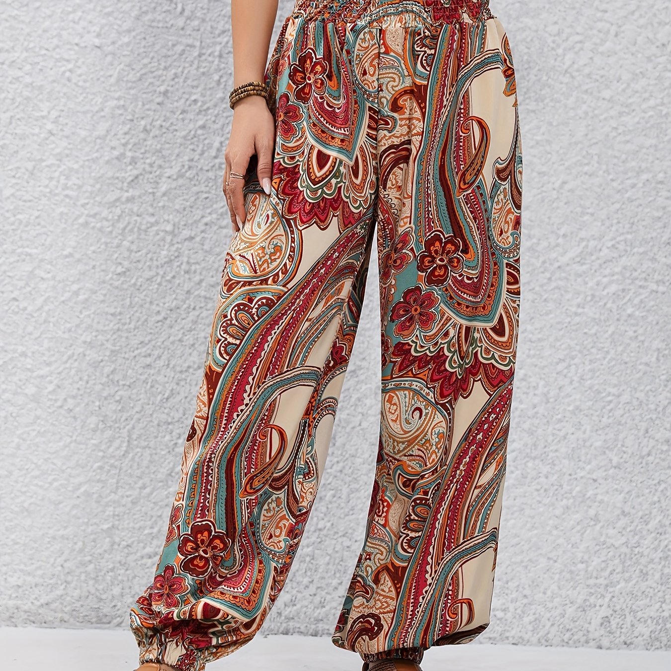 Paisley Print Shirred Waist Pants Boho Long Length Jogger Pants