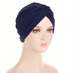 Solid Embossed Turban Cap Elastic Pleated Head Wraps Lightweight Beanie