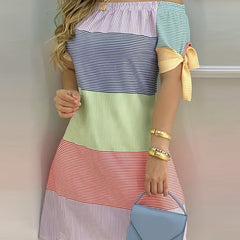  Colorblock Stripe Print Off Shoulder Mini Knot Dress