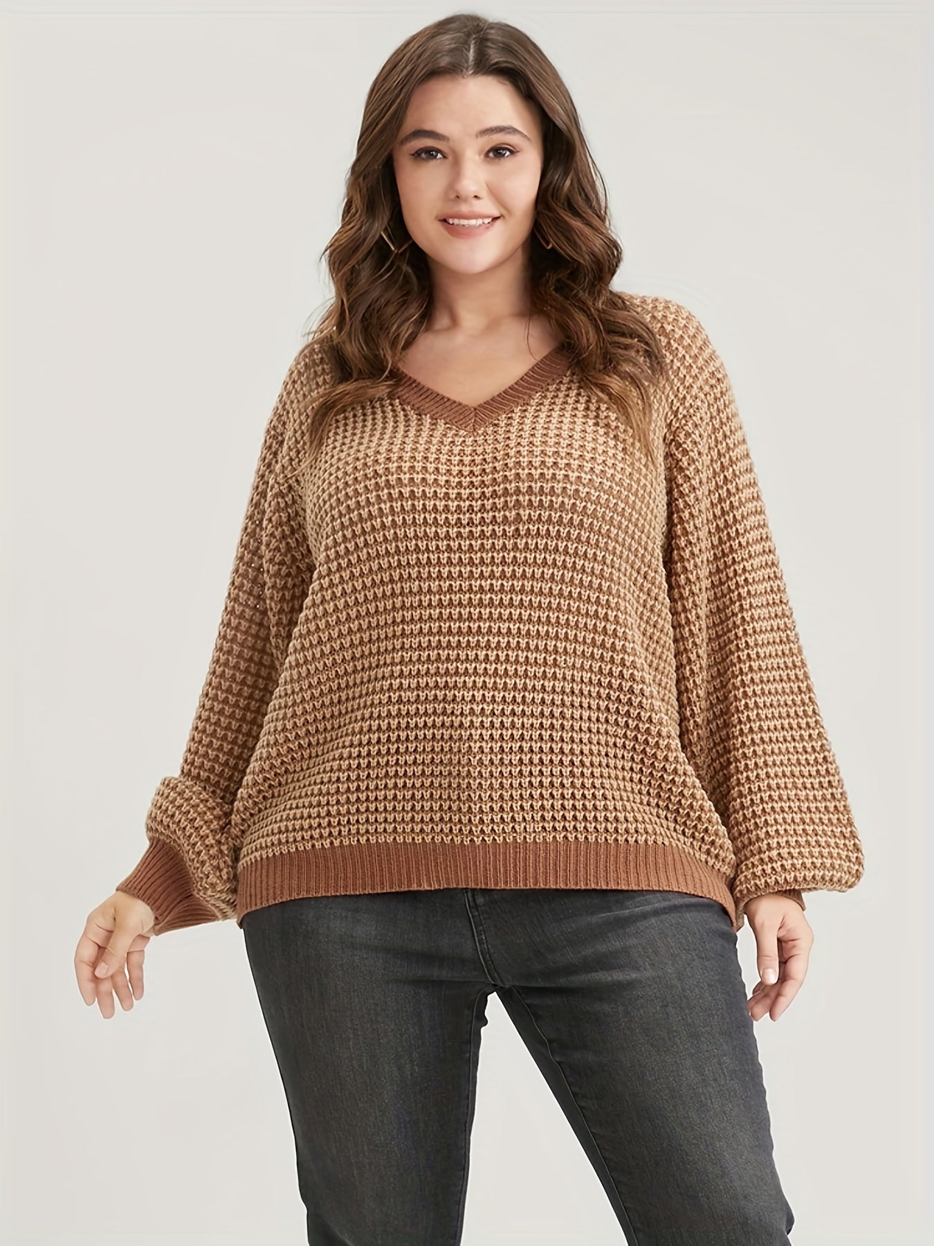  Lantern Sleeve V Neck Pullover Sweater