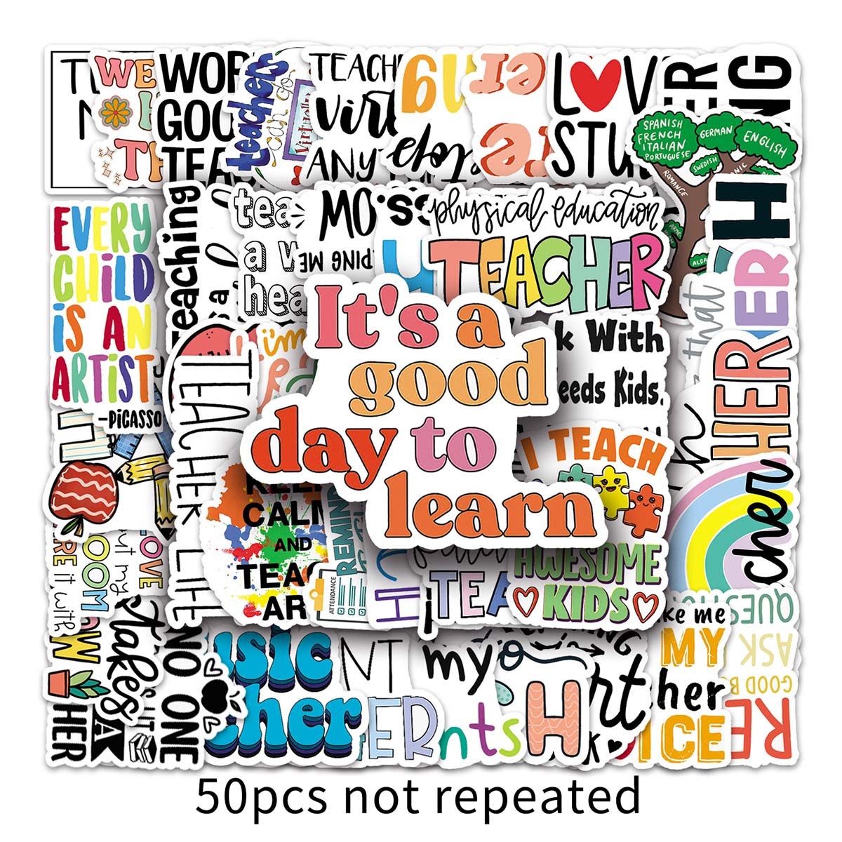 50pcs Teacher Themed Waterproof Stickers for Bottles Laptops & Scrapbooks