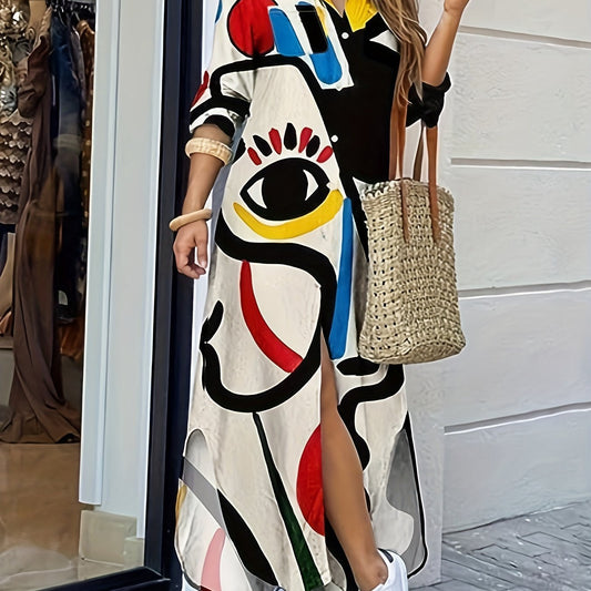  Abstract Figure Print Maxi Shirt Dress