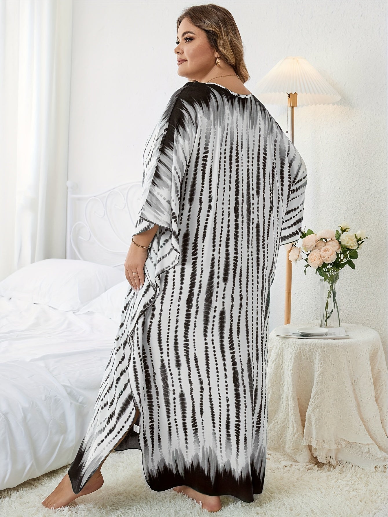  Tie Dye Striped Batwing Sleeve Maxi Cover Up Dress